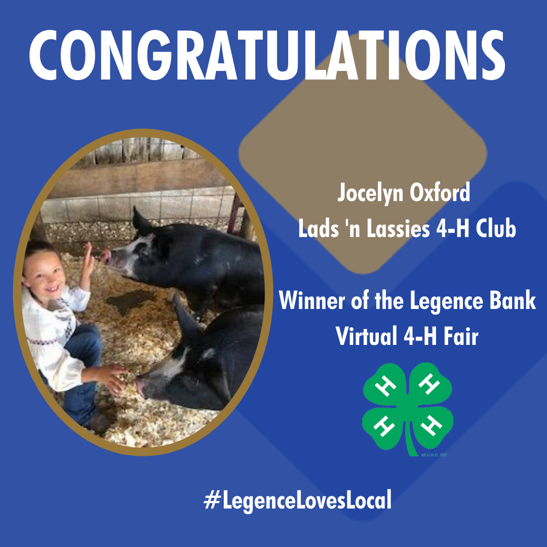 CONGRATULATIONS to Jocelyn Oxford from the Lads 'n Lassies 4-H Club. Her swine project received the most reactions in our Virtual 4-H Fair on Facebook. She will receive a $100 scholarship and Lads 'n Lassies will receive a $250 donation.
#virtual4h
