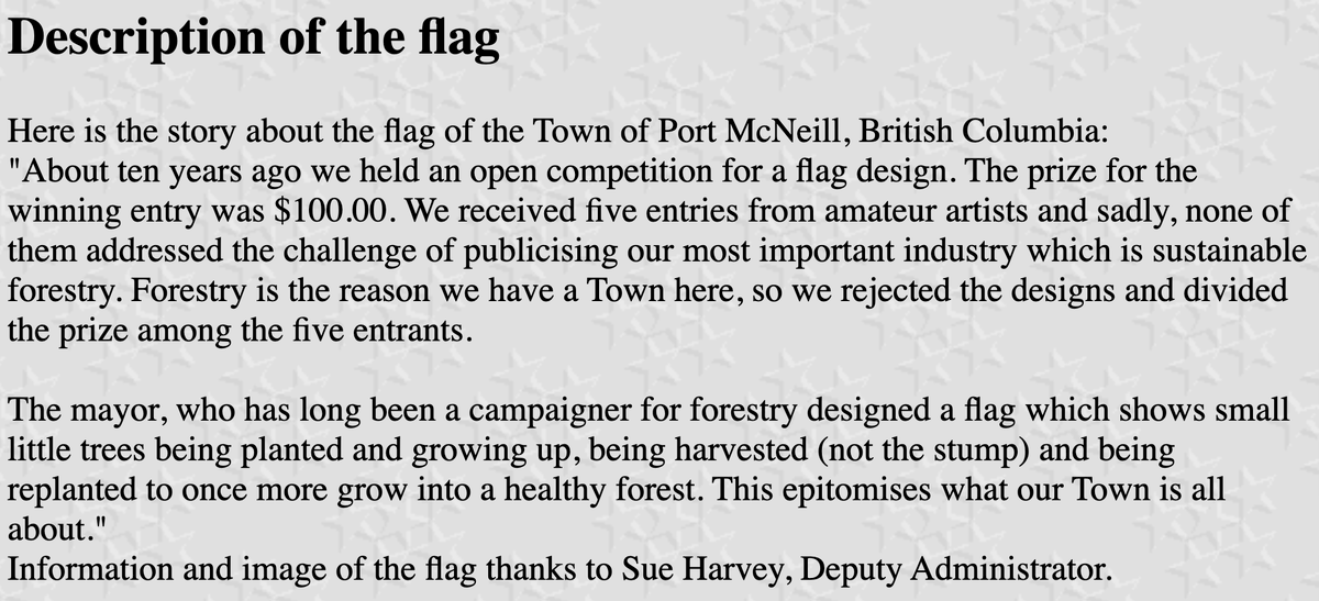 44. PORT MCNEILL- The pin is in the shape of a flag, tremendous idea- Simple but effective colour scheme- I've linked to this before, but it's important you all know how this design came to be, bless small town mayors