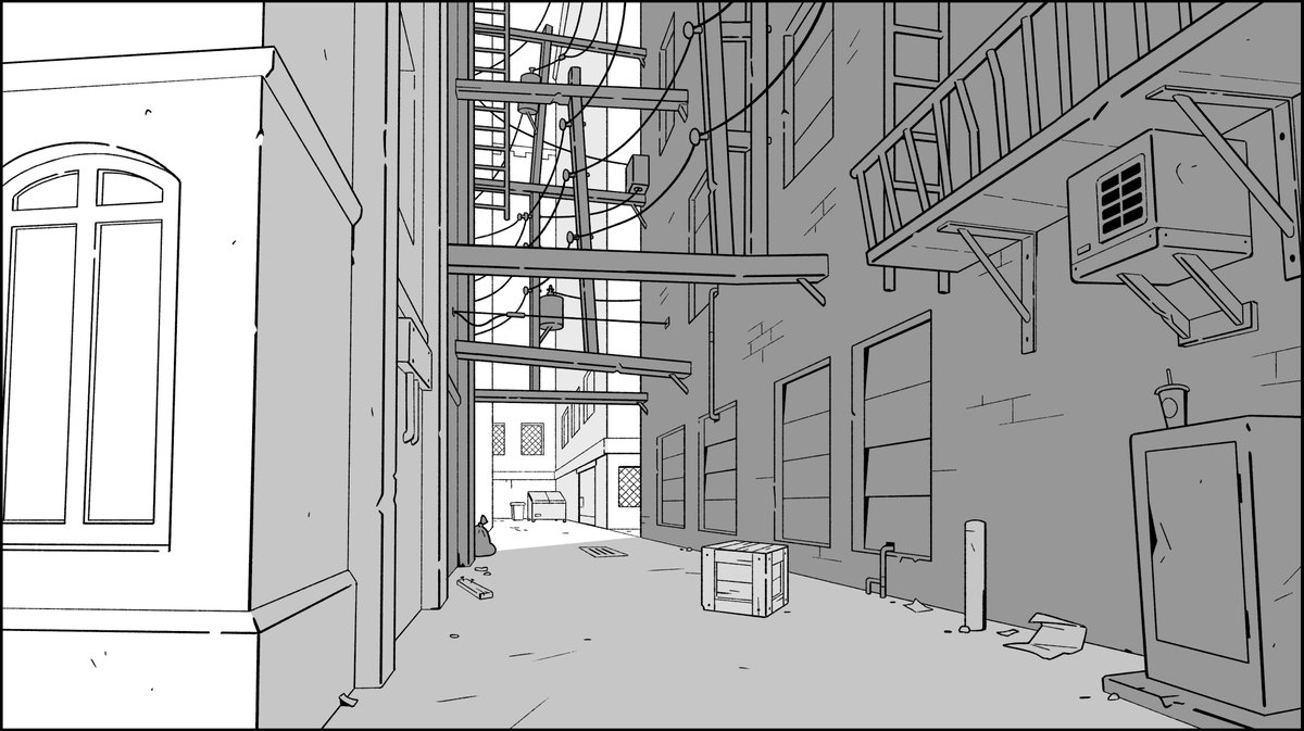 I've designed so many grungy alleys in  #BigCityGreens, it was time for something different.Research brought me to this electrical mess strewn between buildings. I kept it up and out of the way of the ground level action of the characters.How'd I draw this? A breakdown thread: