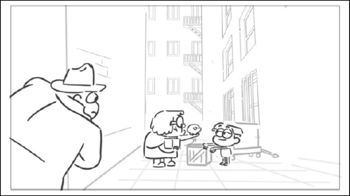 First, here's the storyboard panel which reused part of a different alley I had once drawn.Since this is the location of the climax of the episode, I felt the alley needed more visual tension to support the story.