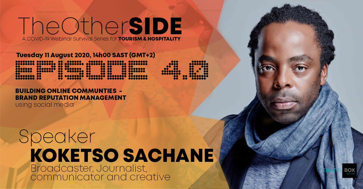 william_price's tweet photo. Register Now!
#TheOtherSIDE Social Survival Series for Tourism &amp; Hospitality https://t.co/crRhKZFV5C Community Management and Brand &amp; Reputation Management using Social Media with @KoketsoSachane and @theshortlizzy #Tourism #Hospitality @chatrxp #HACKTOURISM #SocialMedia https://t.co/owvKXUuiLY