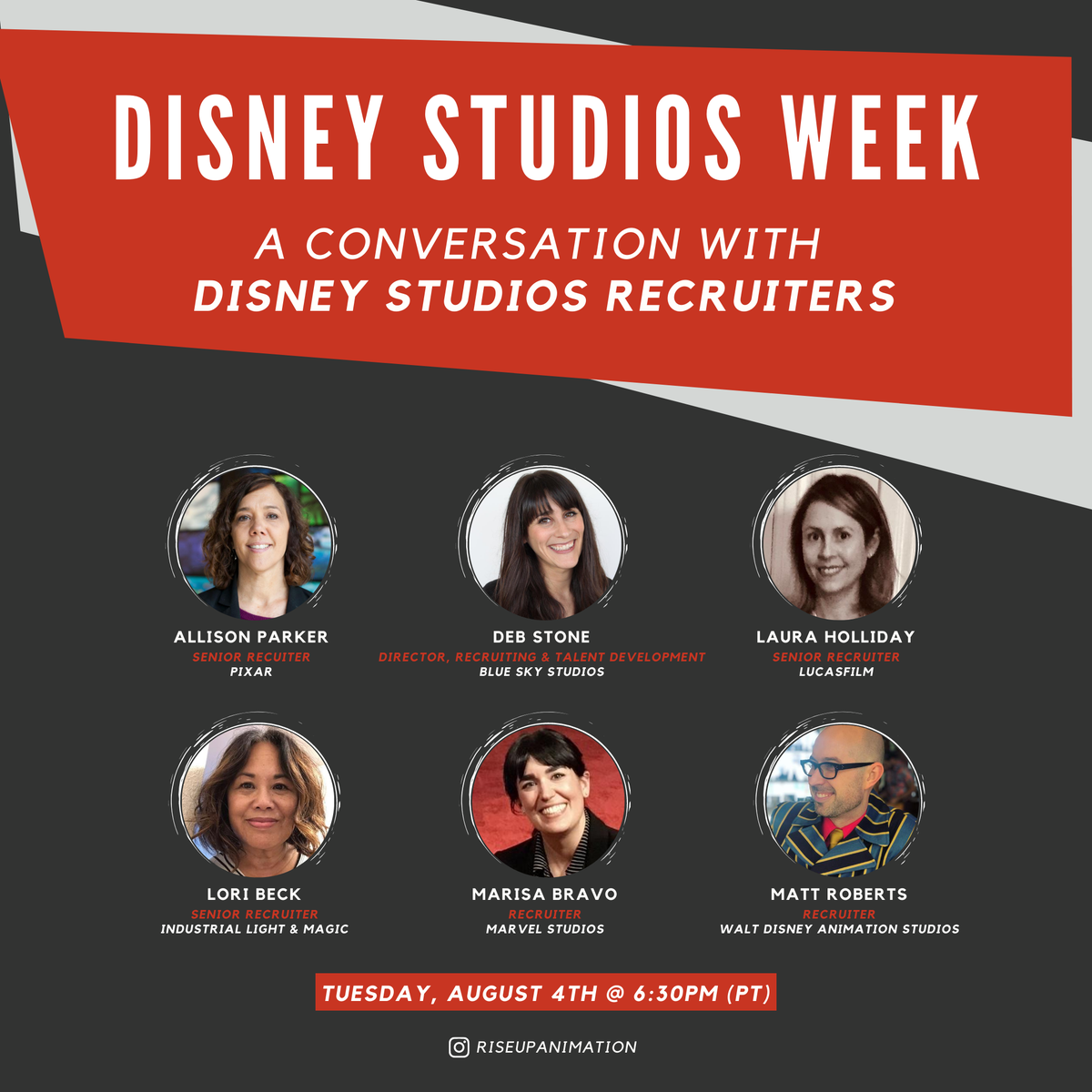 Join us tomorrow, August 4th @ 6:30PM (PT) with @PixarRecruiting <a href="/blueskystudios/">Blue Sky Studios</a> <a href="/DisneyAnimation/">Disney Animation</a> <a href="/MarvelStudios/">Marvel Studios</a> <a href="/JoinTheForce/">Lucasfilm Recruiting</a> for a Conversation with Disney Studios Recruiters hosted by Rise Up Animation! Check out RiseUpAnimation on Instagram for more details.