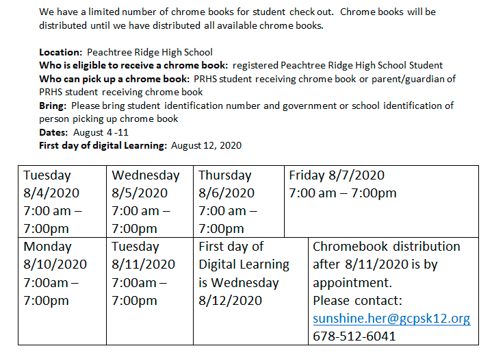 PeachtreeRidge's tweet photo. We have a limited number of chromebooks available for student checkout.  Please see attached for details if you are in need of a chromebook. https://t.co/R3NrJBFRtX