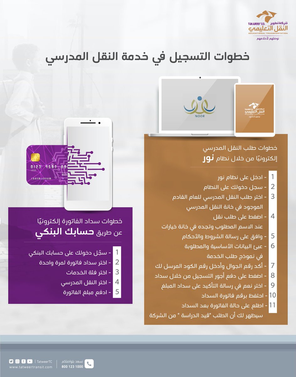 MOE_ARP's tweet photo. دعت الإدارة العامة للتعليم في منطقة عسير أولياء الأمور إلى تسجيل أبنائهم وبناتهم في خدمة #النقل_المدرسي  للعام الدراسي المقبل من خلال برنامج #نور  .
#تعليم_عسير https://t.co/xo8LuzISRa