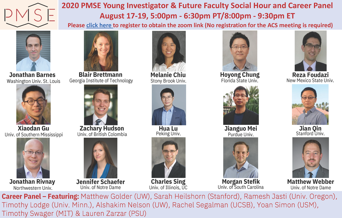 Polymer community, please join us for the PMSE Future Faculty and Young Investigator Social Hour and Career Panel (8/17-19/20, 8 pm ET)🥂🍾🥳
Meet up-and-coming young PIs and bright postdocs in the broad areas of polymer research. Register for zoom info
docs.google.com/forms/d/e/1FAI…