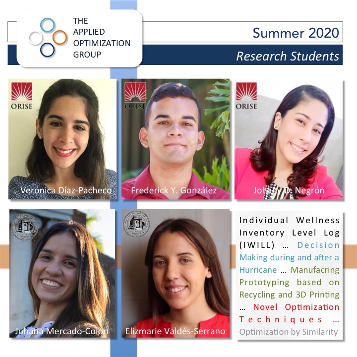 AppliedOptUPRM's tweet image. A very active Summer Research 2020 at The Applied Optimization Group...Proud to see our students engaged productively #AOG2020 #AOGAchievers #PHSUAchievers #IsazaResearch @EngineeringUPRM @UPR_Oficial #SummerAOG