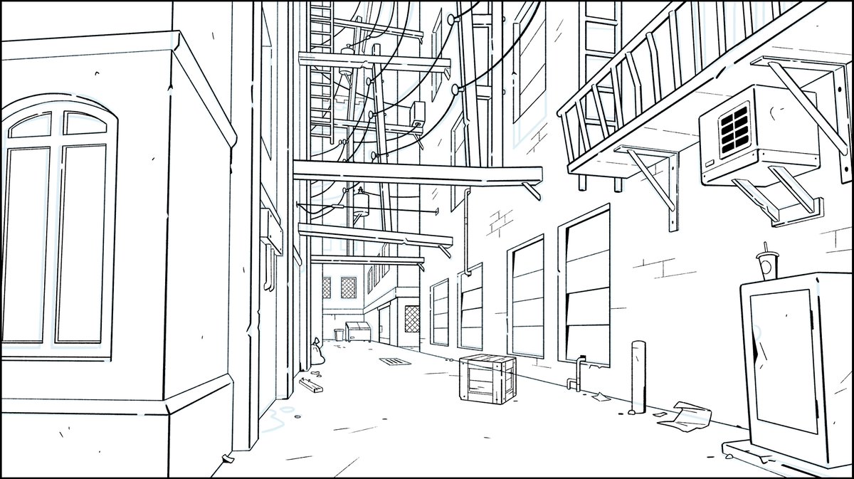 Lastly, I added the electrical lines, again making sure to avoid visual tangents.A wooden box in the alley is part of the character action. It's on a separate layer so it can be placed correctly in relation to the characters.