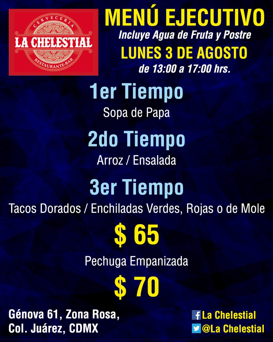 #Lunes día perfecto para saborear el delicioso #MenúEjecutivo de #LaCheslestial, ven, te esperamos a partir de las 13 hrs. ¡No faltes!