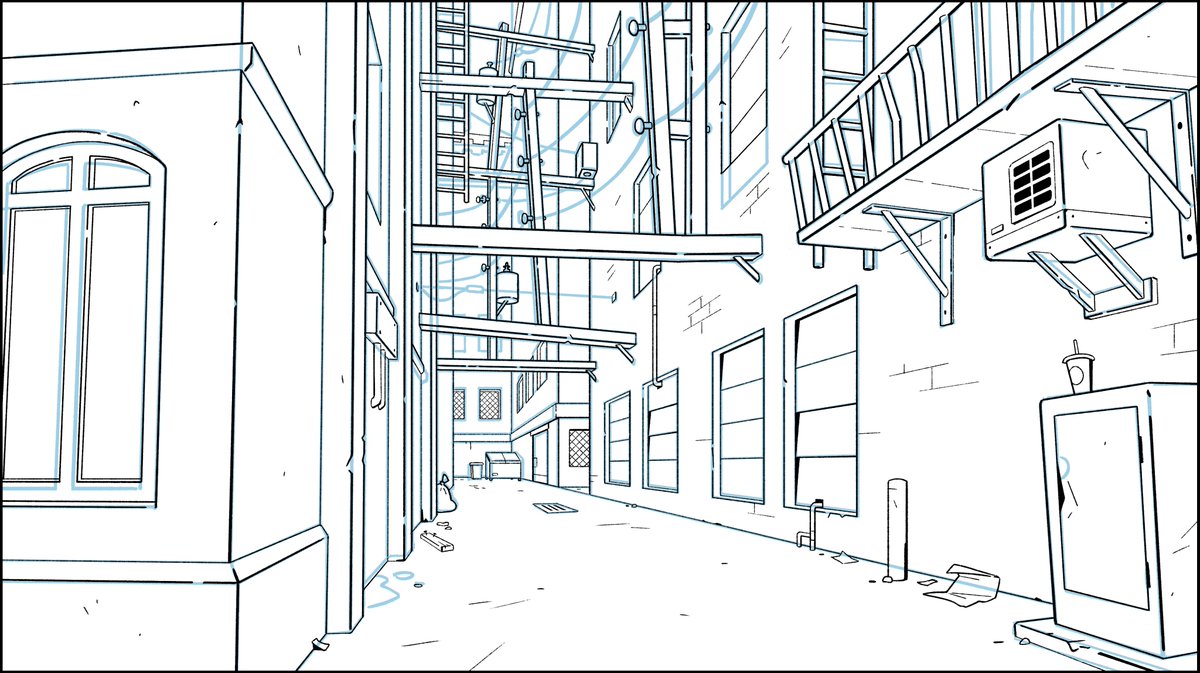 Then I clean it up in in black line in the show style.This is where I add more details and textures to really bring the place to life.