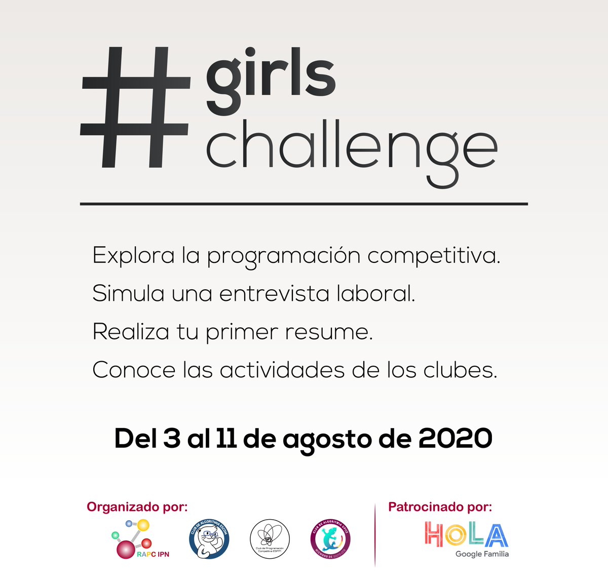algoritmiaESCOM's tweet image. Chicas de ESCOM y el IPN, las invitamos a este #girlsChallenge!!
Tendremos premios por parte de Google HOLA y muchas actividades para conocer la programación competitiva. 
¡Les deseamos mucho éxito! Pueden leer las bases del reto en -> bit.ly/girlsChallenge2