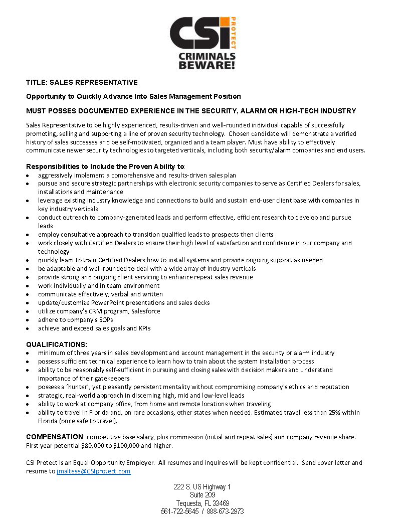 Csiprotect's tweet photo. Attn: Security Sales Professionals.
CSI Protect is hiring a Sales Rep for its Florida market. Learn more below...
#securityindustry #securitysystems #securitycompany #securitysolutions #securityjobs #securitymanagement #securityemployment #electronicsecurity https://t.co/MEgWysFVG4