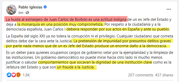 Pablo Iglesias (Podemos, Vicepresdiente del Gobierno): - HUIDA AL EXTRANJERO- "una actitud indigna"- "debería responder por sus actos"- "pretensión de impunidad"- "enorme daño a la democracia"- "socavan la dignidad"- "fraude a la Justicia" https://www.facebook.com/IglesiasTurrionPablo/posts/4221765901229117