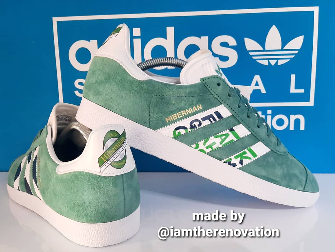 THE RENOVATION on X: "Custom inspired by the Hibbs 89-91 Adidas away shirt. @angelusdirect Hand stripes string on a Green Suede gazelle. #iamtherenovation #hibernian #hibbs #edinburgh #football #footballinthe90s # adidas