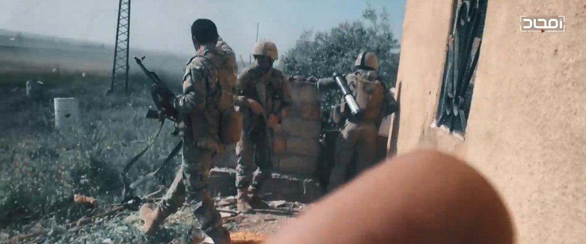 And so it begins. Last May and June's battles in Kafr Nabudah + Karkat. Well-equipped Red Bands elite fighters are seen going into battle with helmets and an RPO-A Shmel(?).