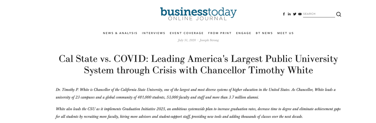 TheCSUEA's tweet photo. GREAT Interview: "#CalState vs. #COVID: Leading #America's Largest Public #University System through Crisis with Chancellor Timothy White"
https://t.co/t7ave6sewW via #BusinessToday
#CSUsuccess #covid19leadership #MadeintheCSU #highereducation #highereducationleadership #CSU https://t.co/kOHfjOPd8L