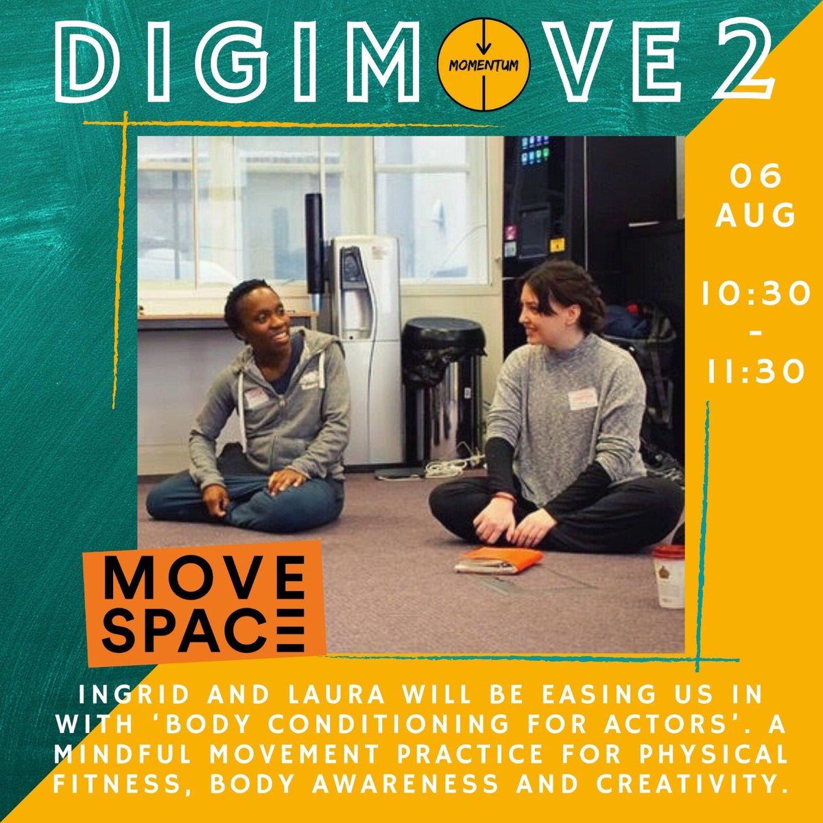 movespace123's tweet photo. DigiMove 2 begins with two movement sessions led by our Momentum Team. The choice is yours to make movers. ✨
Ingrid and Laura @movespace123 are easing us in with 'Body Conditioning for Actors'. To register email momentumteaminfo@gmail.com #movespace #digimove https://t.co/ArZPhbFoxX