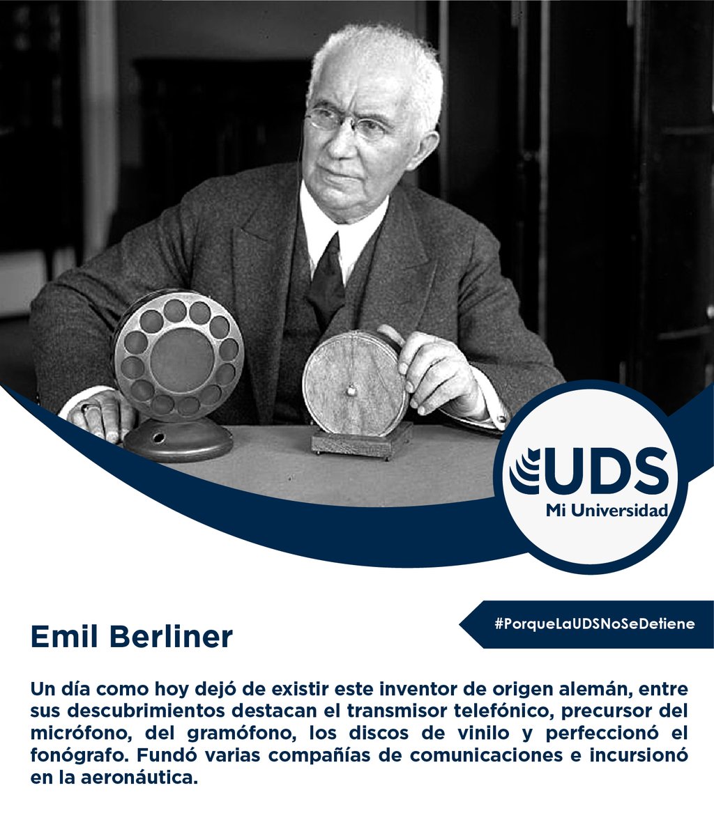 #PorqueLaUDSNoSeDetiene 🐾💙

Un día como hoy dejó de existir este inventor de origen alemán, entre sus descubrimientos destacan el transmisor telefónico, precursor del micrófono; el gramófono; y los discos de vinilo y perfeccionó el fonógrafo. ☎️ 🛬

#UDSMiUniversidad #Efeméride