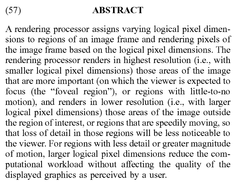 Patent: Variable rate rendering based on motion estimation - AMDMore details:  http://www.freepatentsonline.com/20200169734.pdf 