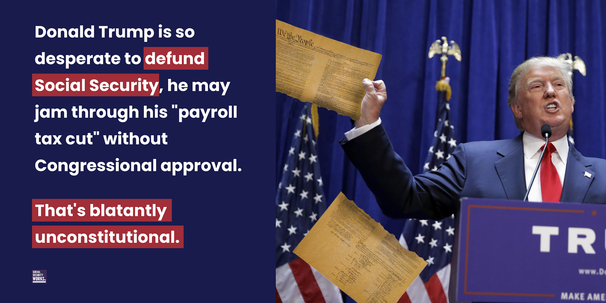 SSWorks's tweet photo. Donald Trump's advisors are pushing to defund Social Security without Congressional approval - even though that's unconstitutional.

Hands off our earned benefits AND our Constitution! https://t.co/vHw4UWcSiP