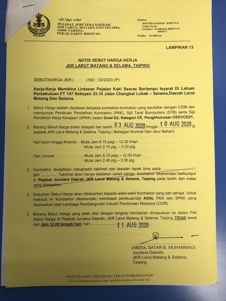 NOTIS SEBUTHARGA : 
Tawaran sebutharga JKR Daerah LMS dibuka pada kontraktor-kontraktor Gred G1 &amp; G2. Dokumen boleh didapati di unit Ukur Bahan JKR Daerah LMS seperti tarikh yang ditetapkan <a href="/JKRMalaysia/">JKR Malaysia</a> <a href="/JKRPERAK/">JKR PERAK</a> <a href="/Roslan_AGhani/">Roslan Abd Ghani</a> <a href="/satarm_satar/">abdul satar muhammad</a>