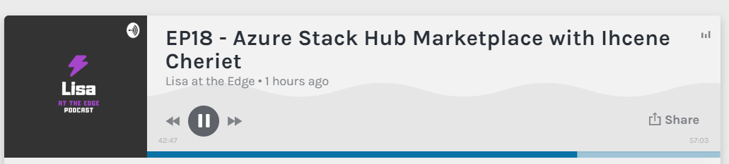 I have great teammates.  One of them, <a href="/icheriet1/">Ihcene Cheriet</a>, appeared on the latest  <a href="/lisaattheedge/">Lisa Clark | Microsoft MVP 🏴󠁧󠁢󠁳󠁣󠁴󠁿</a> podcast to discuss the #AzureStackHub marketplace. Check it out:
anchor.fm/lisaattheedge/…
#AzureStack
