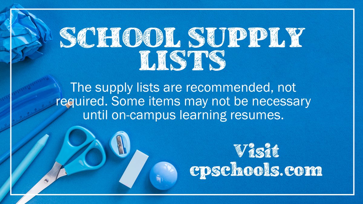 We've updated our 2020-2021 school supply lists on our website including a suggested list for our Chesapeake Online students. The supply lists are recommended, not required. Some items may not be necessary until on-campus learning resumes. bit.ly/31lj6GK