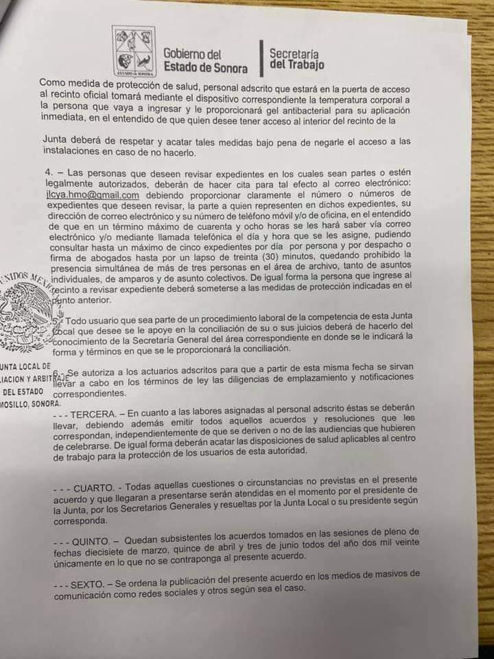 JlcaSonora's tweet photo. La Junta Local de Conciliación y Arbitraje del Estado de Sonora  reinicia sus labores de forma escalonada a partir del día 10 de agosto del 2020. Verifica los términos de la apertura gradual en el siguiente acuerdo  del pleno mismo que fue publicado en el Boletín Oficial. https://t.co/ITh6Fys5d5