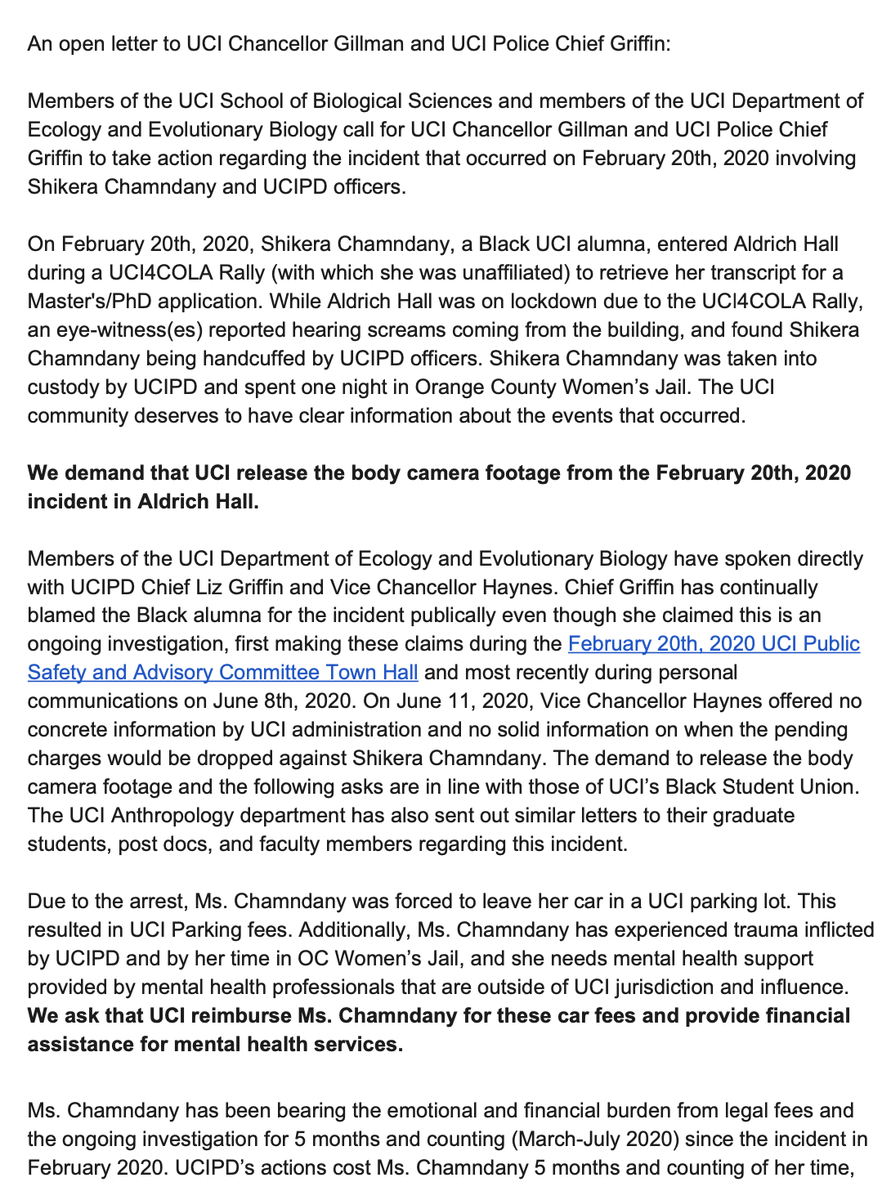 iCannibalize's tweet photo. We, the community members of @UCIEEB and @UCIBioSci, demand action regarding the incident involving Ms. Chamndany on February 20th, 2020. Our demands and asks are detailed in this open letter, which is signed by graduate students, post docs, faculty, and staff. #BlackLivesMatter https://t.co/Fv92ZTFz5v