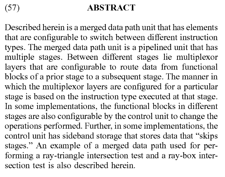 Patent: Merged data path for triangle and box intersection test in Ray Tracing - AMDMore details:  http://www.freepatentsonline.com/20200193682.pdf 