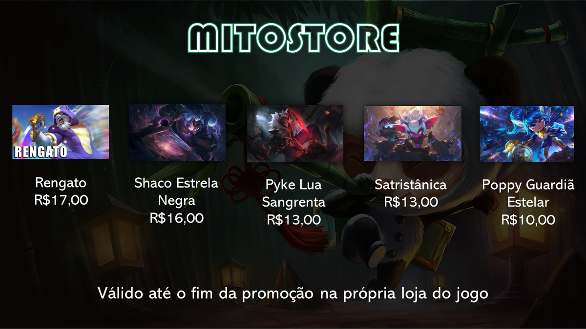 zmitostore's tweet photo. Outras promos:

Teemo Astronauta - R$10,00
Sona Fliperama - R$9,00
Viktor Criador - R$9,00
Teemo Panda - R$7,00
Cho'Gath Jurássico - R$6,50
Skarner Escorpião do Deserto: - R$6,50
Nidalee Camareira Francesa: - R$4,00
Twisted Fate Dançarino de Tango - R$4,00
Sion Lenhador - R$4,00 https://t.co/OIKC85AEau