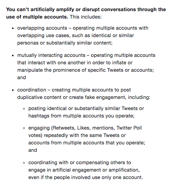 19. This is probably the relevant section of the policy. https://help.twitter.com/en/rules-and-policies/platform-manipulationArchive:  https://archive.vn/FEaTk 