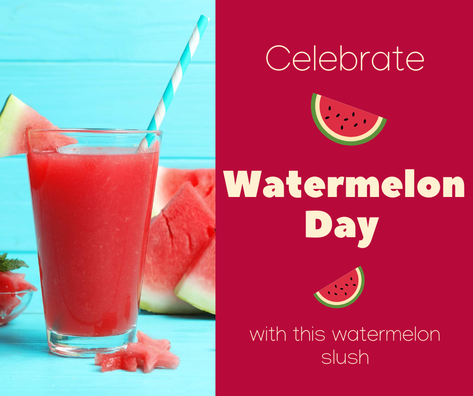 UTExtGiles's tweet photo. Today is Watermelon Day! Celebrate with this easy watermelon slush. Cube watermelon and place in a freezer bag. Freeze for at least 4 hours. Place frozen watermelon cubes in a blender and blend. Enjoy! https://t.co/w0jConHTiz