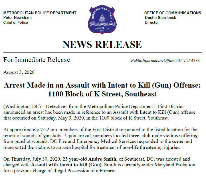 MPD announces an arrest has been made in an Assault with Intent to Kill (Gun) offense that occurred on 5/9/20 in the 1100 block of K Street, Southeast

Thank you to all who assisted in making DC safer with this arrest!

Release: bit.ly/2PnRk6N