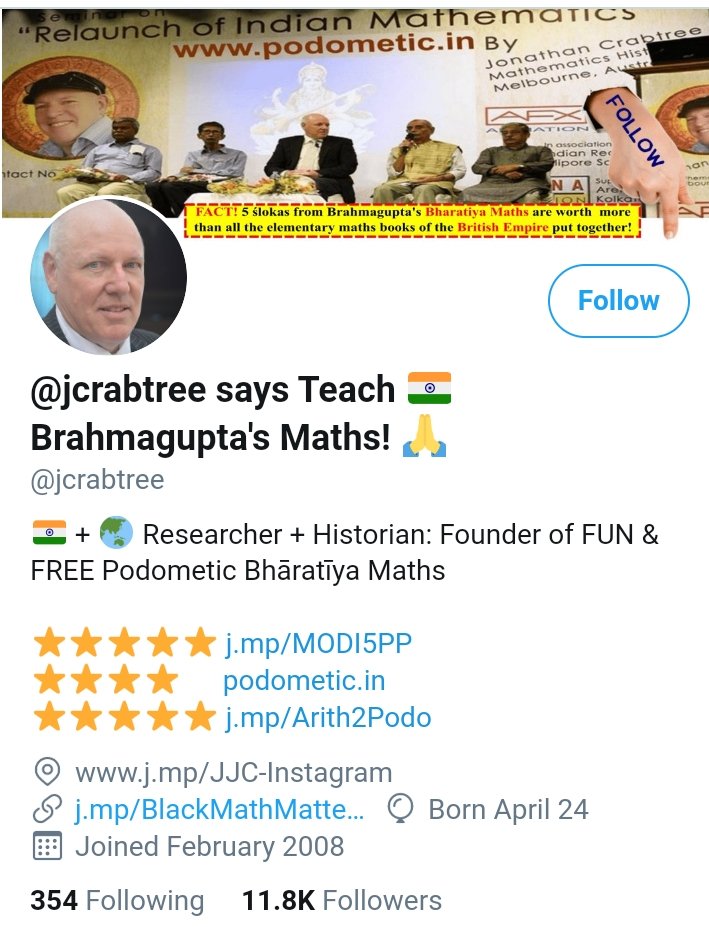 1/100NAMASTE I  #Tweet4Bharat because Āryabhaṭa's and Brahmagupta's More Powerful yet Simpler Zero-Based Bharatiya Maths is NOT taught anywhere in the  today !Follow me so together we can rebuild the foundations of maths in  TweetsJonathan J. CrabtreeJAI HIND 