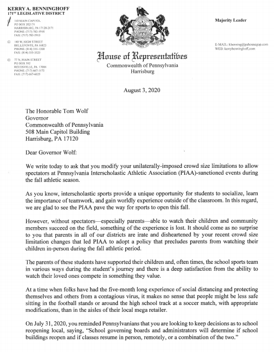 RepBenninghoff's tweet photo. Today, I joined 62 of my @PAHouseGOP colleagues in calling on @GovernorTomWolf to modify his orders to allow spectators, or at least parents, to attend PIAA events in person. https://t.co/8c3HWxf64R