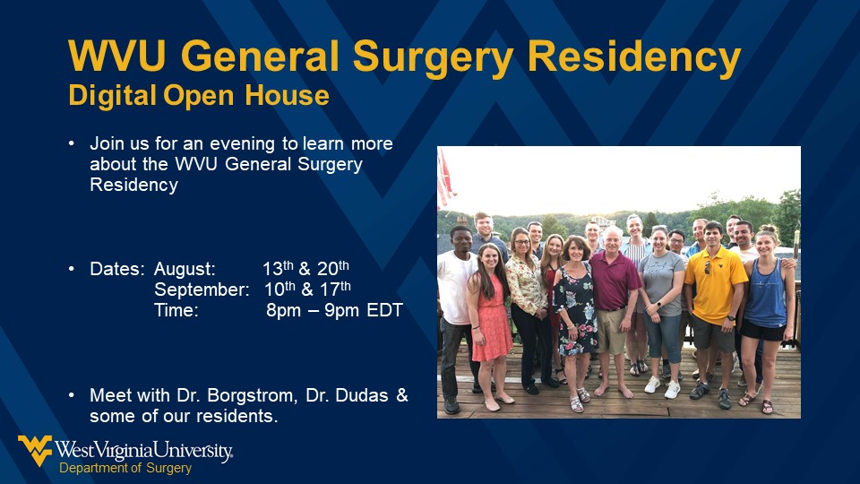 Join us for an evening to learn about what the WVU General Surgery Residency Program has to offer! 30 spots per date.  Signup at the link below.  #MedTwitter #surgtwitter #SurgMatch2021 

forms.gle/u4YvdYwS8JRrw2…
