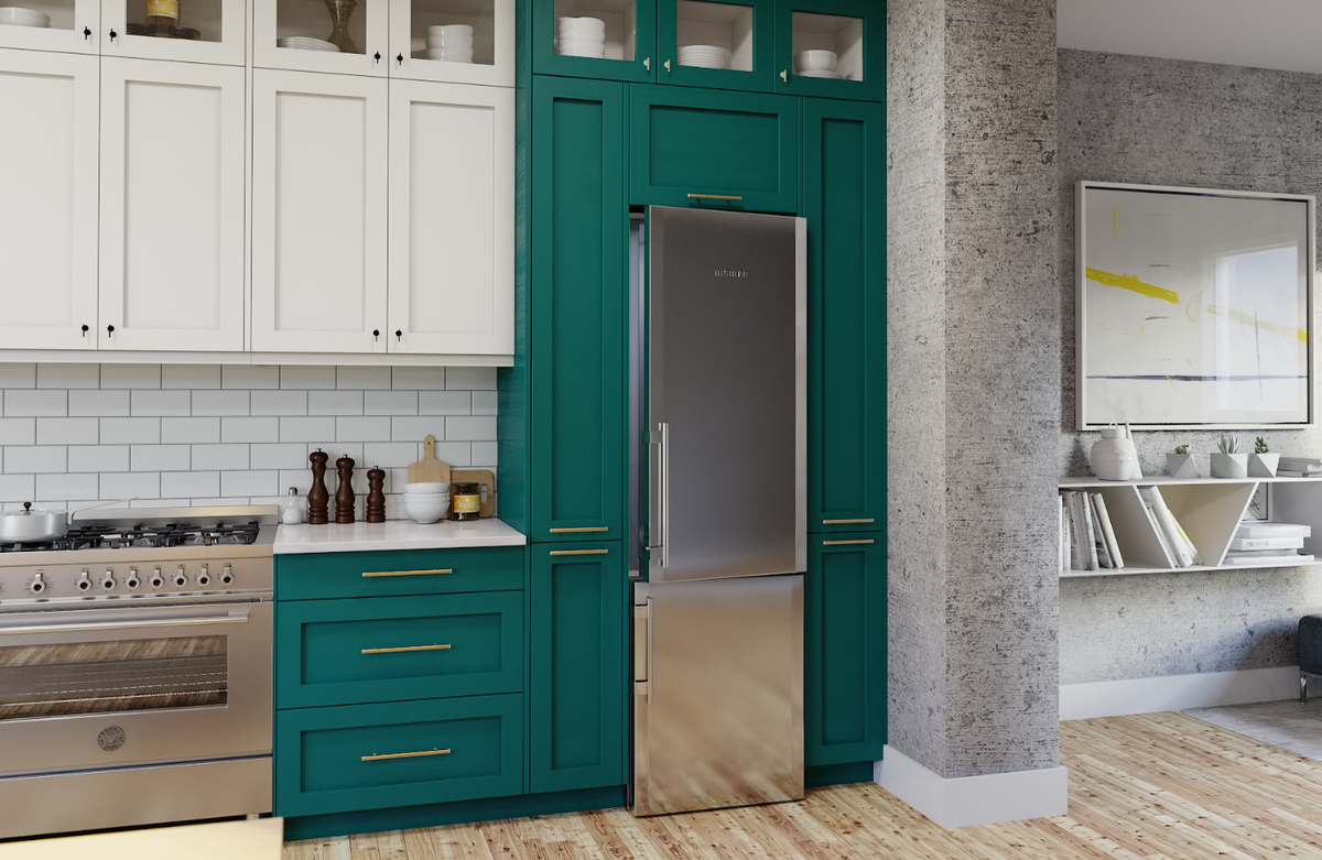 One way to bring the outside into your kitchen is through green cabinetry like this beautiful kitchen! 💚 #mondaymotivation 
Our CBS1360 #Refrigerator and #Freezercombination with BioFresh technology offer maximum capacity in the smallest footprint to accommodate any size!
