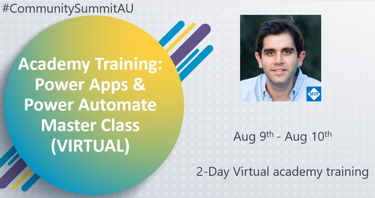 Hello #PowerApps &amp; #flow makers,

I have a 2-day virtual academy workshop coming up from Aug 9 - Aug 10

"Power Apps &amp; Power Automate Master Class"

Register here: australiasummit.com/summitaustrali…

Workshop Details: australiasummit.com/schedule/sessi…

#CommunitySummitAU #PowerPlatform