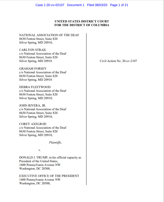 meganmineiro's tweet photo. NEW: The National Association of the Deaf is seeking a preliminary injunction for the White House to provide televised in-frame ASL interpretation at all briefings on COVID-19, in a lawsuit filed in Washington against President Donald Trump and Press Secretary Kayleigh McEnany. https://t.co/iCL1S0Z5wD