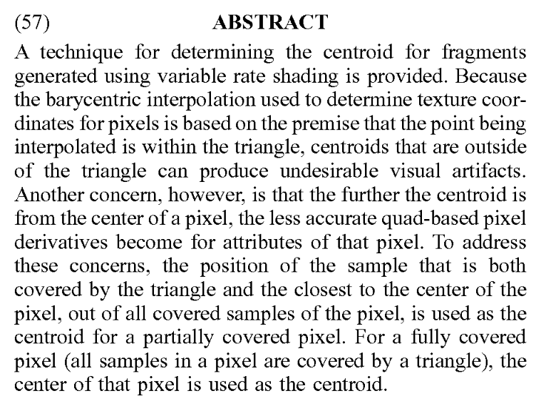 Patent: Centroid selection for variable rate shading - AMDMore details:  http://www.freepatentsonline.com/20200202605.pdf 