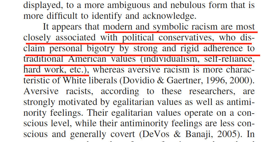 Who are the most racist people in America? According to Dr. Sue, "political conservatives" are most closely associated with modern racism, but try to "disclaim personal bigotry by strong and rigid adherence to traditional American values" such as individualism and hard work.
