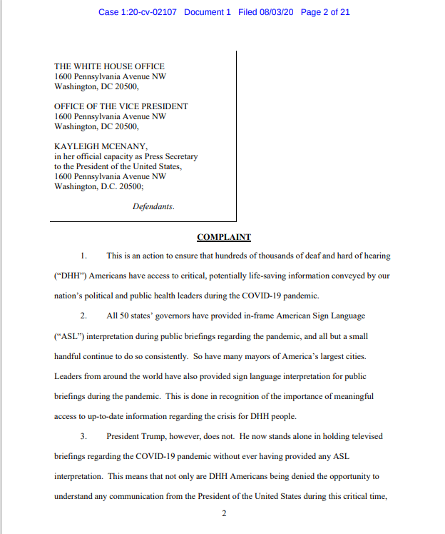 meganmineiro's tweet photo. NEW: The National Association of the Deaf is seeking a preliminary injunction for the White House to provide televised in-frame ASL interpretation at all briefings on COVID-19, in a lawsuit filed in Washington against President Donald Trump and Press Secretary Kayleigh McEnany. https://t.co/iCL1S0Z5wD