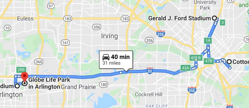25-40 Minutes away from those two are and down the street from each other (3/x)Stadium #3: The Cotton BowlStadium #4: SMU Gerald Ford Football Stadium