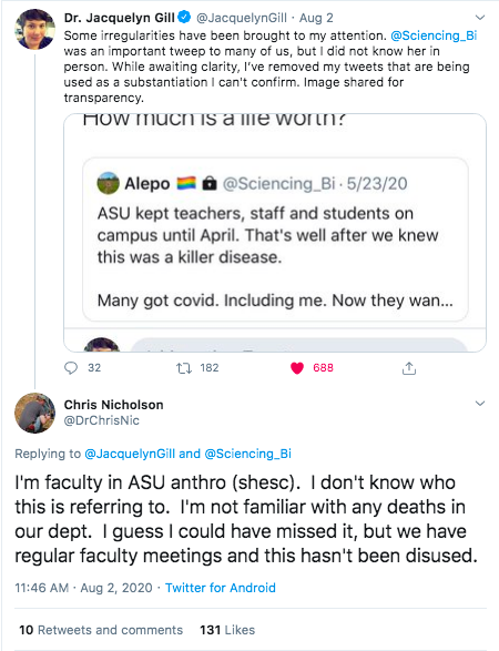 25. … Chris Nicholson, Associate Research Professor & Director of Digital Antiquity at ASU, said yesterday that he’s not aware of anyone in his department dying.  https://shesc.asu.edu/people/faculty See also thread in tweet #18 from a reporter at  @azcentral.