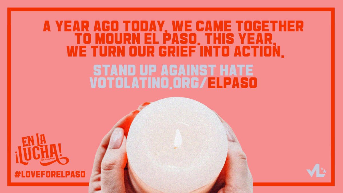 Hoy el voto latino es mas fuerte que nunca! Hace un año, El Paso sufrió un ataque racista donde 23 latinos fallecieron. Hoy transformamos nuestro dolor en acción  dona a la beca de victimas, y registrate para VOTAR votolatino.org/elpaso @votolatino #LoveForElPaso #VotoLatino