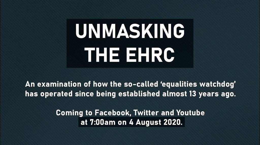 Be sure to catch my video tomorrow, 'Unmasking the EHRC', which will be published at 7:00am.

It's vital that we're all aware of the EHRC's history, who runs the organisation, and in whose interests it conducts its activities.