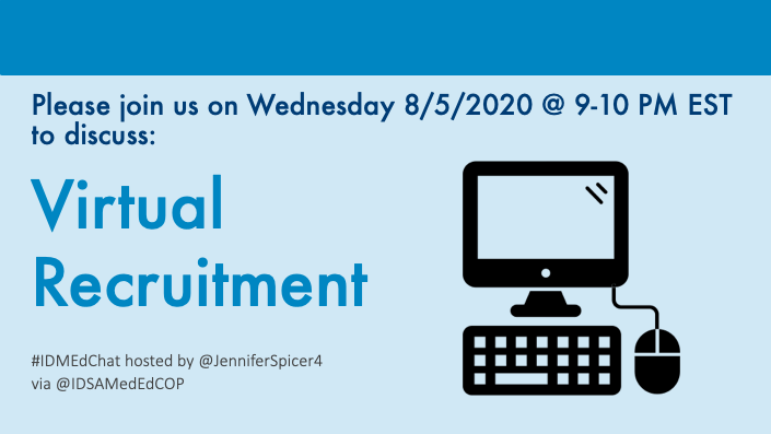 Excited for the first #IDMEdChat hosted by @IDSAMedEdCOP Teaching & Learning Resources Workgroup via @JenniferSpicer4

Please join us! #IDTwitter #MedTwitter

@IDSAInfo @BSchwartzinSF @BonuraErin @Armstrws @CarlosdelRio7 @MDdreamchaser @VarunPhadke2 @Cortes_Penfield @EmilyAbdoler