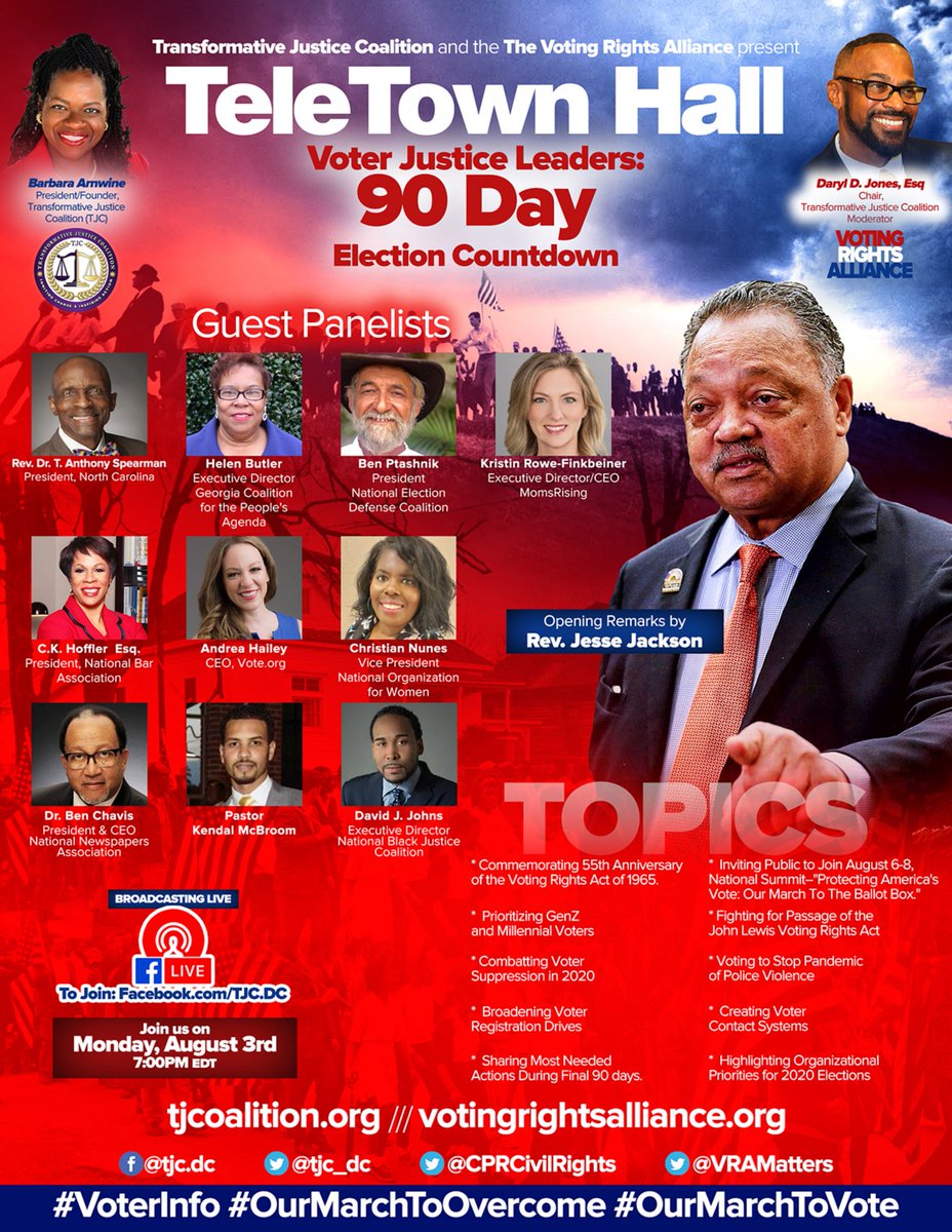 RPCoalition's tweet photo. TONIGHT at 7p ET: @TJC_DC’s FB Live TeleTown Hall with Voter Justice Leaders: 90 Day Election Countdown” will 
@RevJJackson
@barbs73
@JonesDjon4316
@RevDrTASpearman
C.K. Hoffler, Esq.
@rowefinkbeiner
@revklmcbroom
@ChrisFNunes
@benzion9
Helen Butler
@AndreaEHailey
@DrBenChavis https://t.co/pbIHXJ7A5p