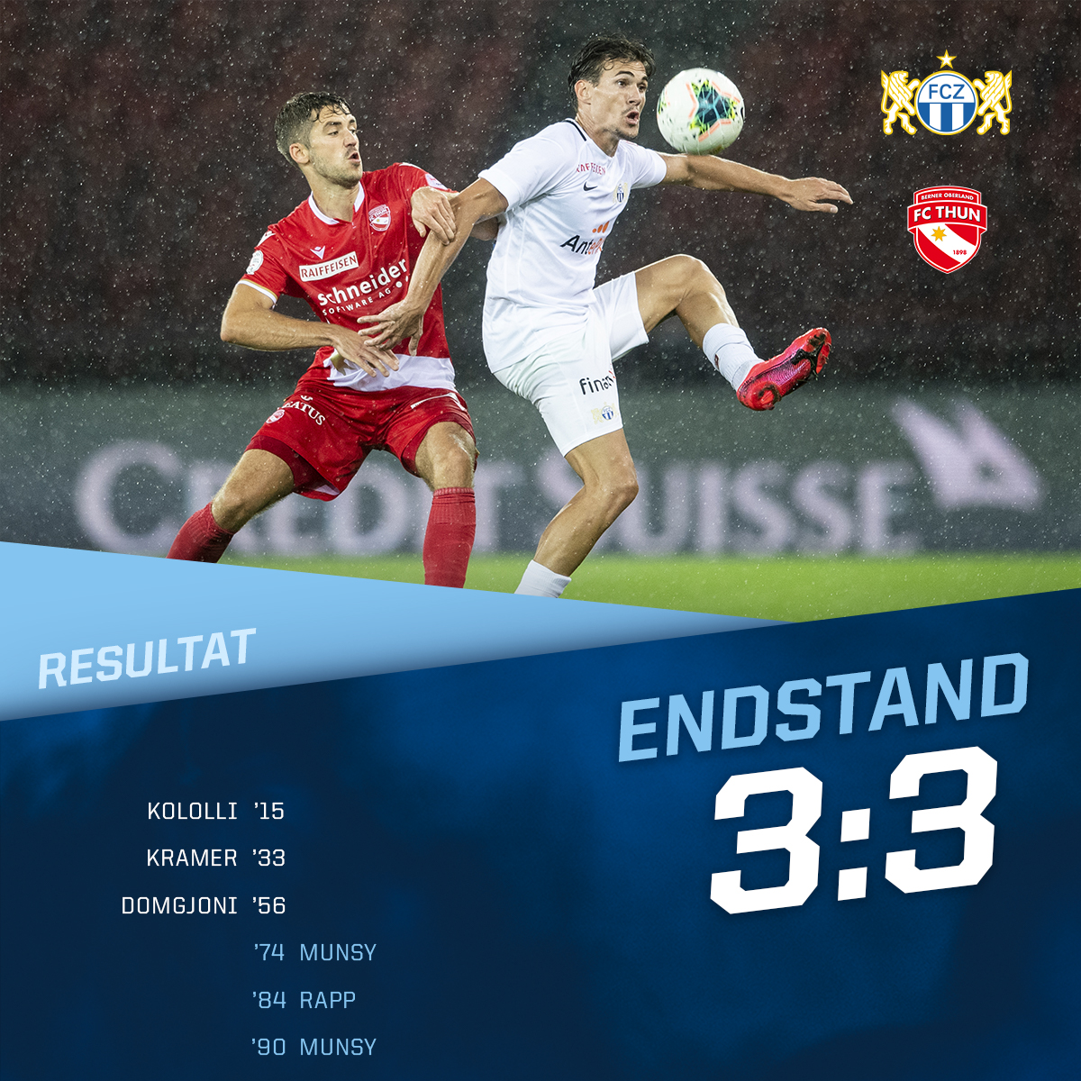 fc_zuerich's tweet photo. Schlusspfiff. Der FC Zürich und der @fcthun_official trennen sich 3:3-Unentschieden.

#FCZTHU #fcz #fczuerich https://t.co/URRGlPQXHB