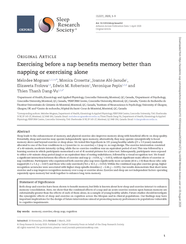 ResearchSleep's tweet photo. Study in SLEEP shows that the combined effects of a #nap and an acute #exercise session upon human #memory are substantially greater than the effects of each of them alone, in a sample of young healthy adults. https://t.co/cqiNUpnjbG #sleep https://t.co/js9Rvozbv4